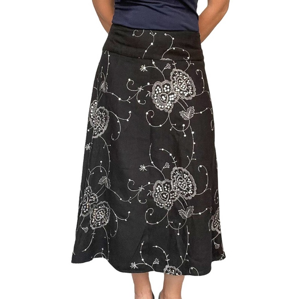 Linen Blend Modest Midi Skirt with Floral Embroidery Throughout Women Size 8